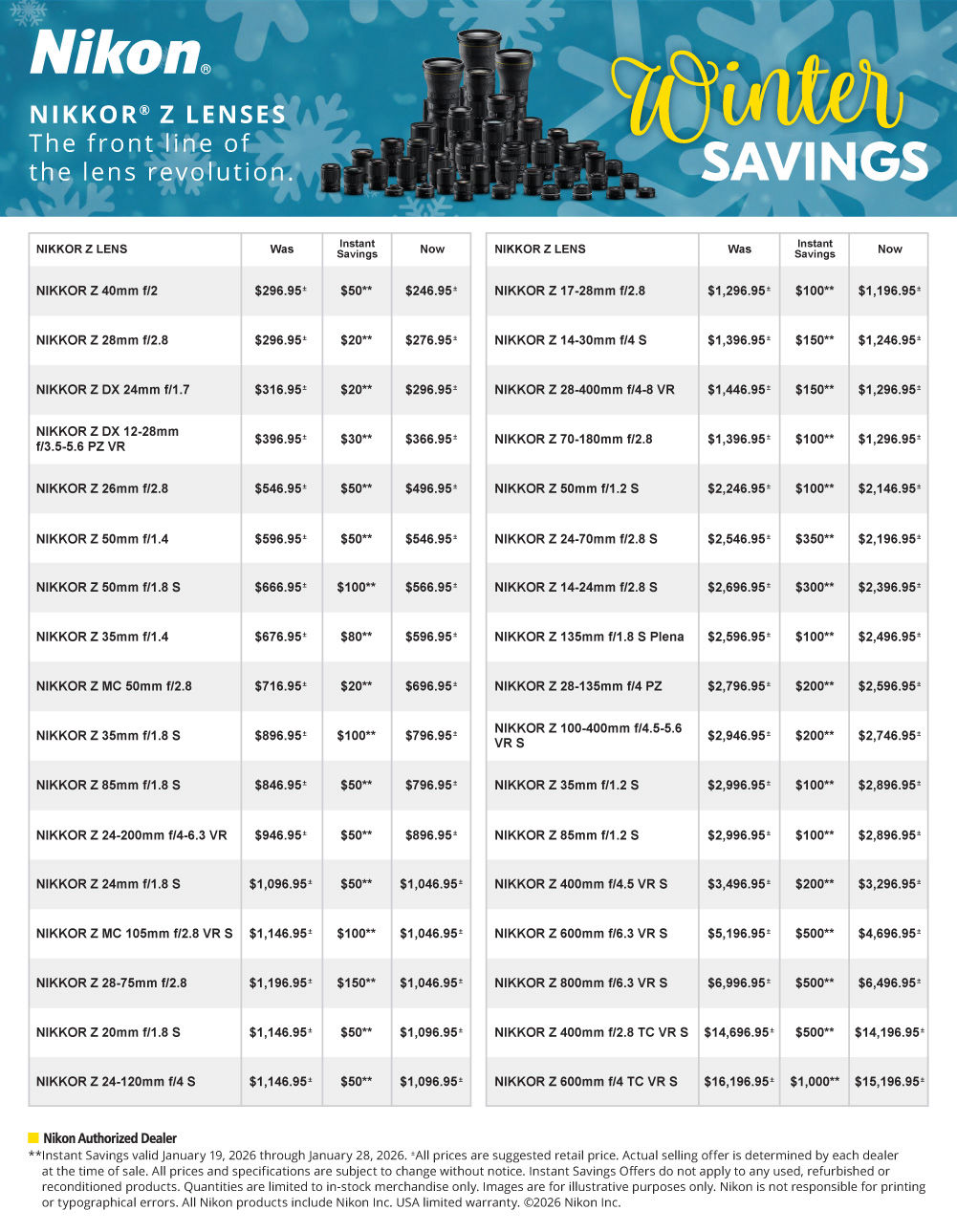 Nikon Winter Deals  on Z Mirrorless lenses at K&R photographics