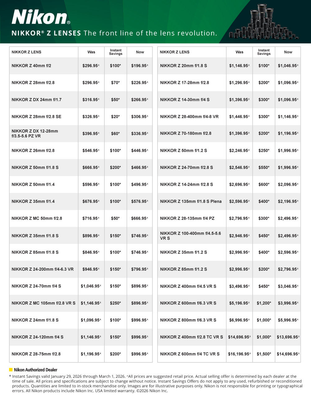 Nikon February  Deals  on Z Mirrorless lenses at K&R photographics