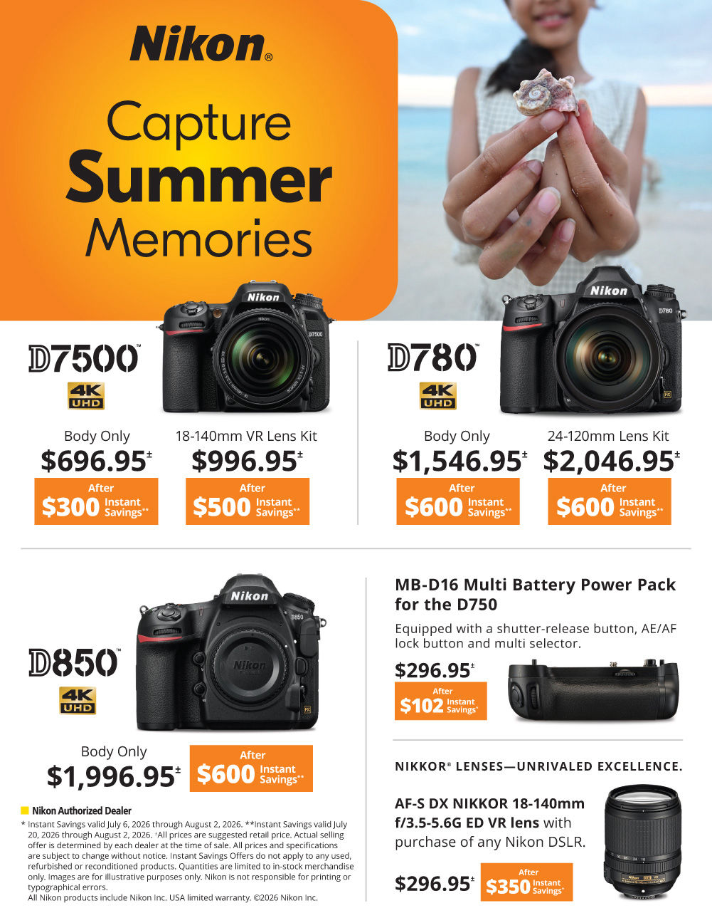 NIKON DSLR  Summer Memory D7500 / D780  Savings at K&R.  Prepare for Summer