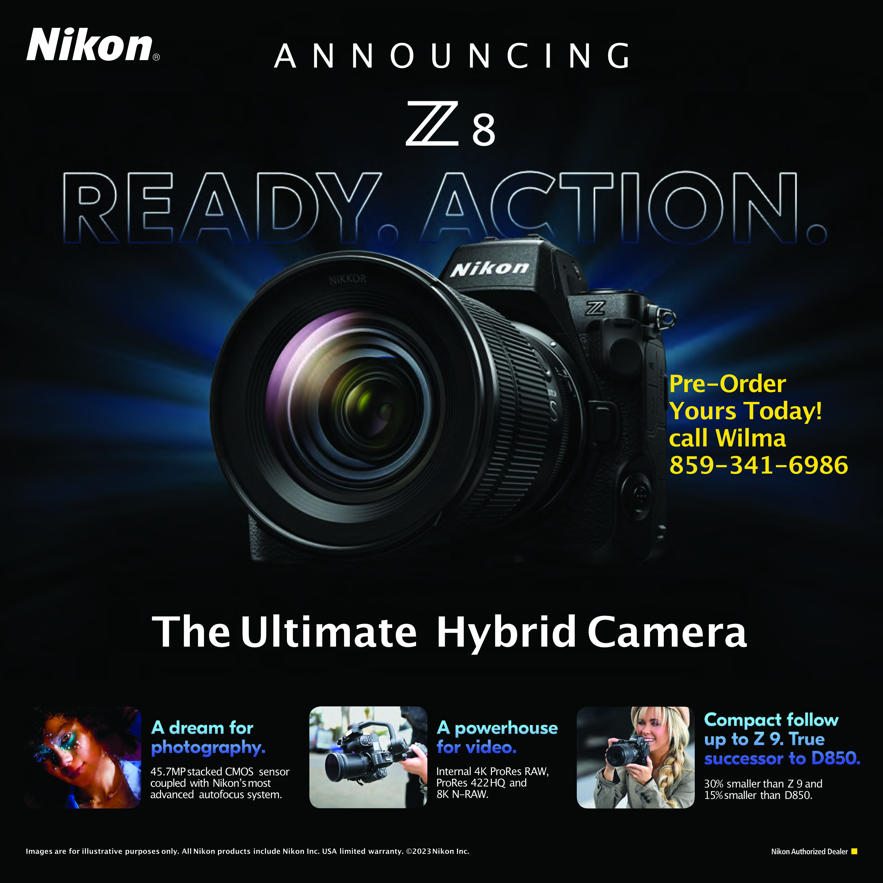 NIKON Z8  The ultimate hybrid camera. Powerful video and still photography capabilities. Video features include 12-bit 8K/60p and 4K/120p RAW plus 10-bit ProRes 422 HQ internal video recording; Photography features include a 45.7MP stacked CMOS sensor, a silent, vibration-free electronic shutter, 120 fps burst shooting and a blackout-free viewfinder. Fast, accurate AF with subject detection powered by deep learning. Professional build and operation. Smart connectivity. All in a brilliant compact, lightweight modular design.